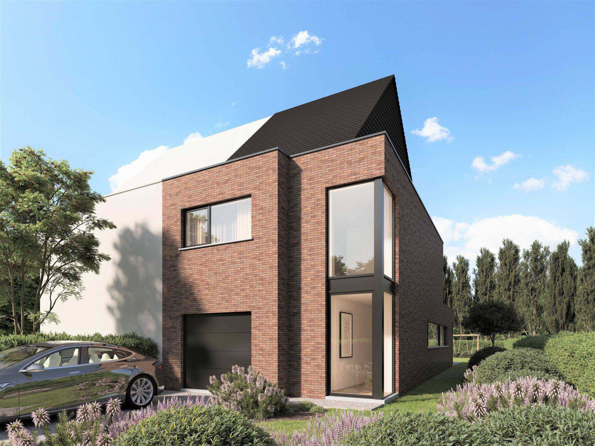 Moderne nieuwbouwwoning in rode gevelsteen met inpandige garage, gebouwd door DRV Wonen in het Waasland