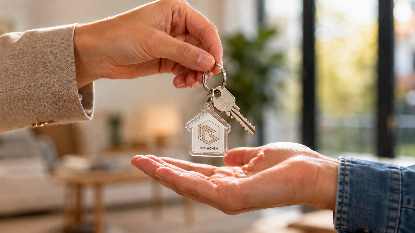 Sleuteloverhandiging van een nieuwbouwwoning van DRV Wonen, met sleutelhanger in de vorm van een huis